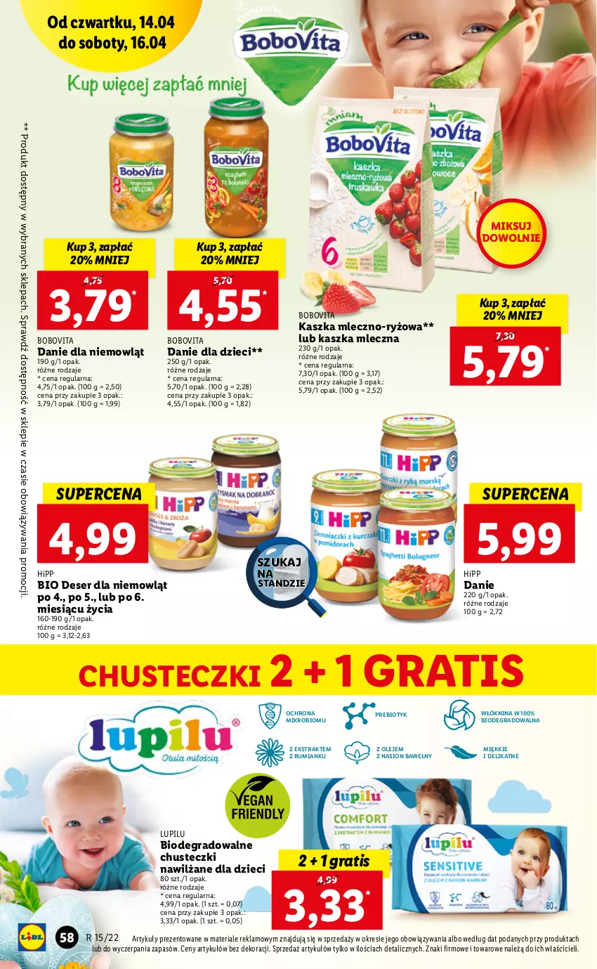 Gazetka promocyjna Lidl - GAZETKA - ważna 14.04 do 16.04.2022 - strona 58 - produkty: BoboVita, Chusteczki, Danie dla dzieci, Deser, Dzieci, Gra, HiPP, Olej, Rum, Ryż, Ser