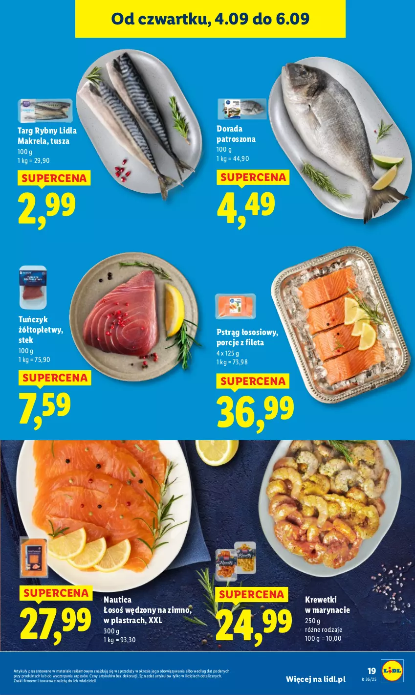 Gazetka promocyjna Lidl - GAZETKA - ważna 04.09 do 06.09.2025 - strona 27 - produkty: Krewetki, Por, Pstrąg, Pstrąg łososiowy, Sos, Stek, Top, Tuńczyk, Tusz