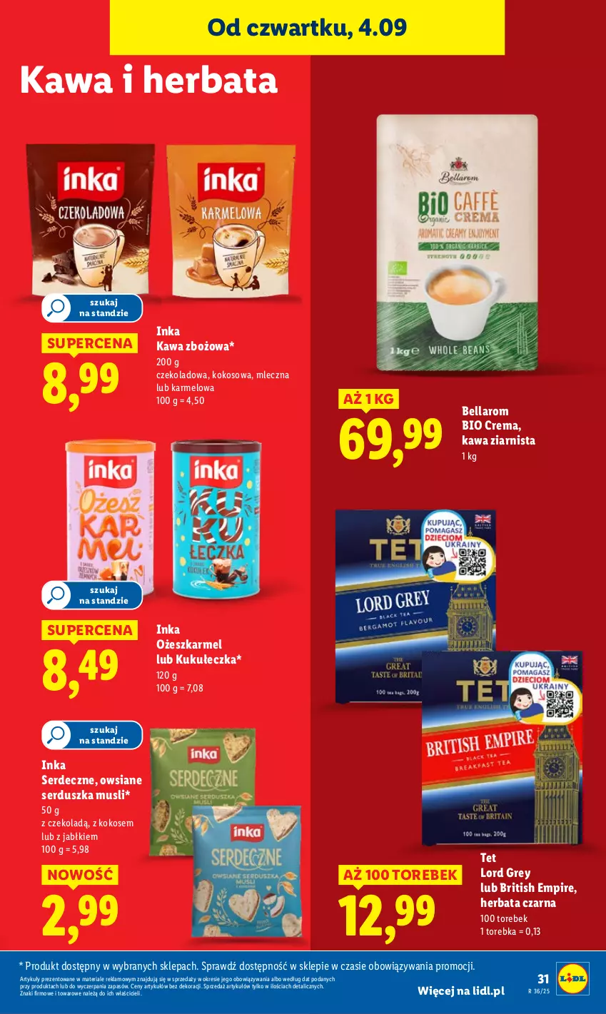 Gazetka promocyjna Lidl - GAZETKA - ważna 04.09 do 06.09.2025 - strona 39 - produkty: Bell, Bella, Brit, Herbata, Herbata czarna, Inka, Kawa, Kawa zbożowa, Kawa ziarnista, Kokos, Mus, Ser, Torebka