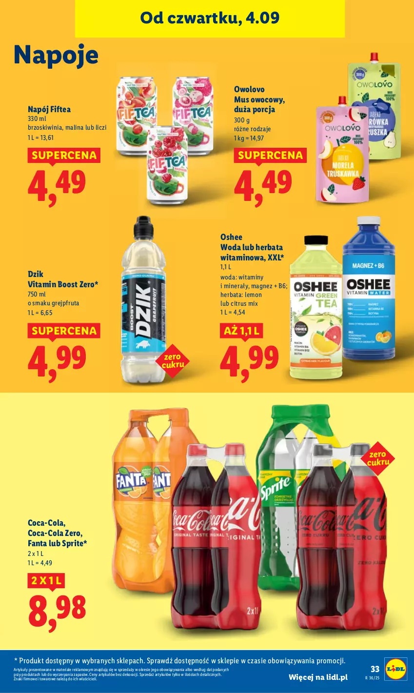 Gazetka promocyjna Lidl - GAZETKA - ważna 04.09 do 06.09.2025 - strona 41 - produkty: Coca-Cola, Fa, Fanta, Grejpfrut, Herbata, Kiwi, Liczi, Magnez, Mus, Napój, Napoje, Oshee, Por, Sprite, Woda