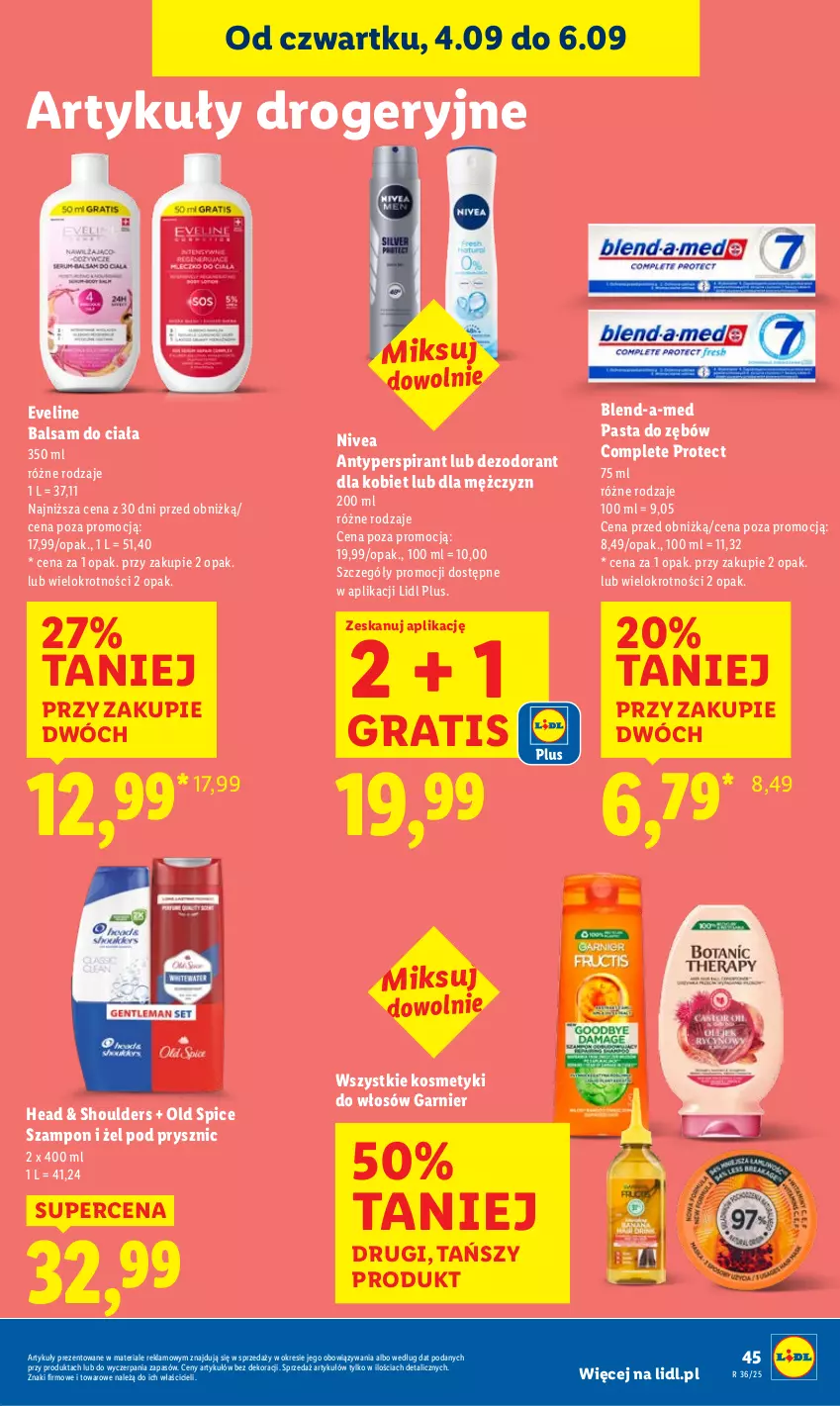 Gazetka promocyjna Lidl - GAZETKA - ważna 04.09 do 06.09.2025 - strona 57 - produkty: Antyperspirant, Balsam do ciała, Blend-a-Med, Dezodorant, Eveline, Garnier, Gra, Nivea, Old Spice, Pasta do zębów, Szampon