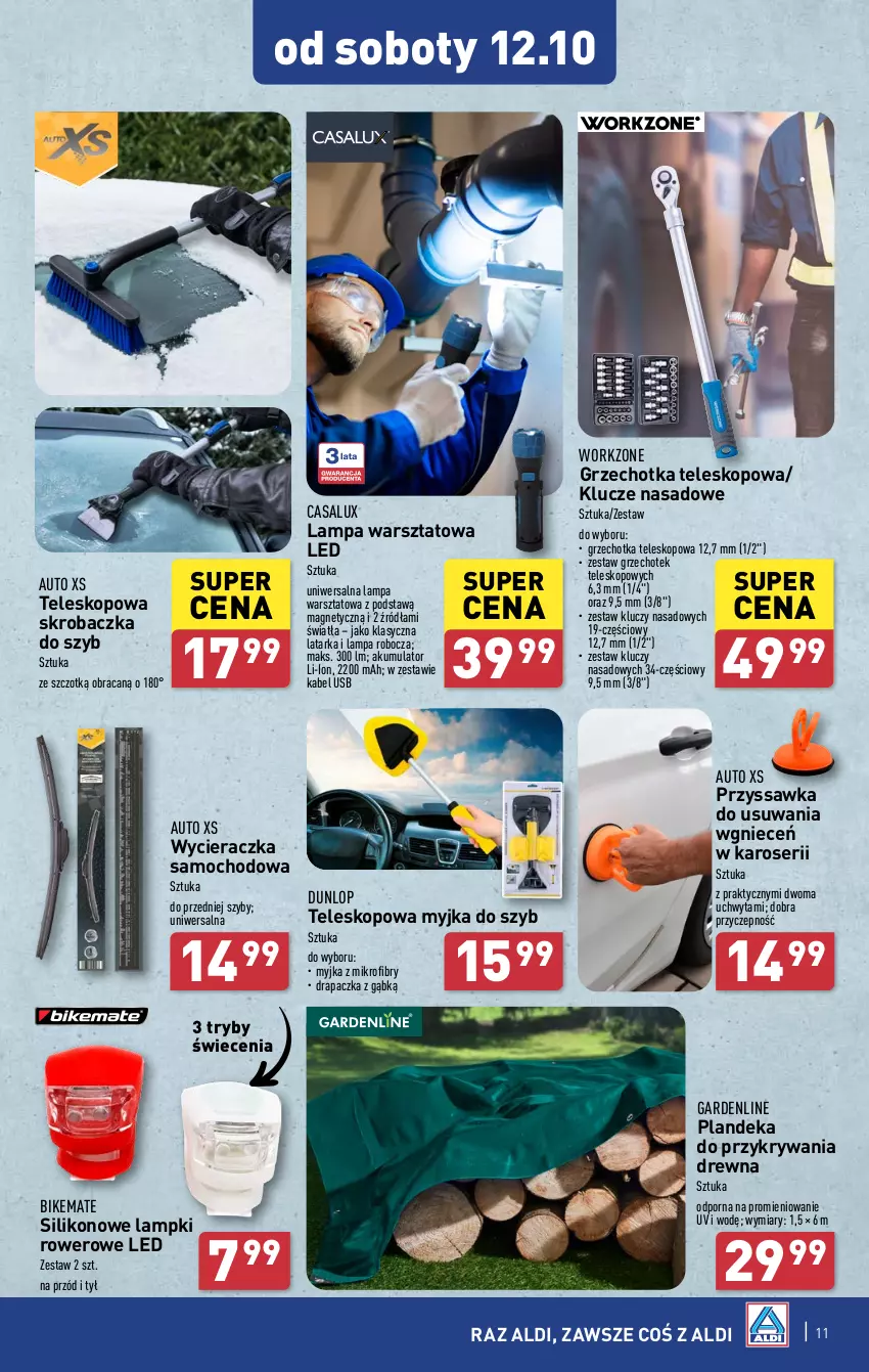 Gazetka promocyjna Aldi - Artykuły przemysłowe i tekstylia - ważna 07.10 do 12.10.2024 - strona 11 - produkty: Akumulator, Kabel USB, Lampa, Latarka, Por, Rower, Ser, Skrobaczka, Skrobaczka do szyb, Tarka, Teleskop, Wycieraczka, Zestaw kluczy, Zestaw kluczy nasadowych