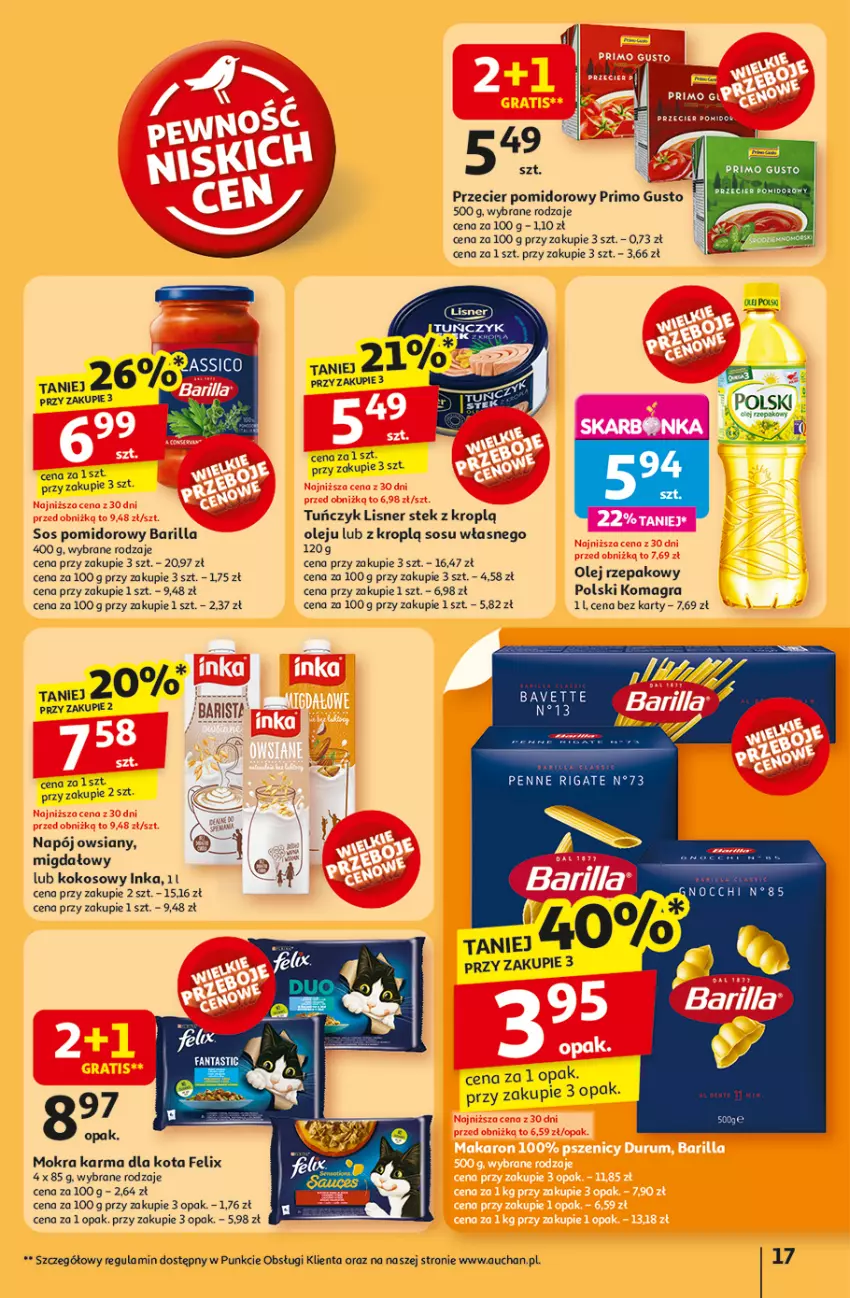 Gazetka promocyjna Auchan - NA LATO JAK ZNALAZŁ Hipermarket - ważna 03.07 do 09.07.2025 - strona 17 - produkty: Barilla, Felix, Gra, Inka, Kokos, Lisner, Mokra karma, Napój, Olej, Olej rzepakowy, Penne, Sos, Sos pomidorowy, Stek, Tuńczyk