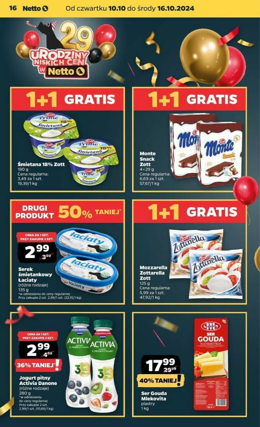 Gazetka promocyjna Netto - ważna 10.10 do 16.10.2024 - strona 8 - produkty: Activia, Danone, Gouda, Jogurt, Jogurt pitny, Monte, Mozzarella, Ser, Serek, Zott, Zottarella