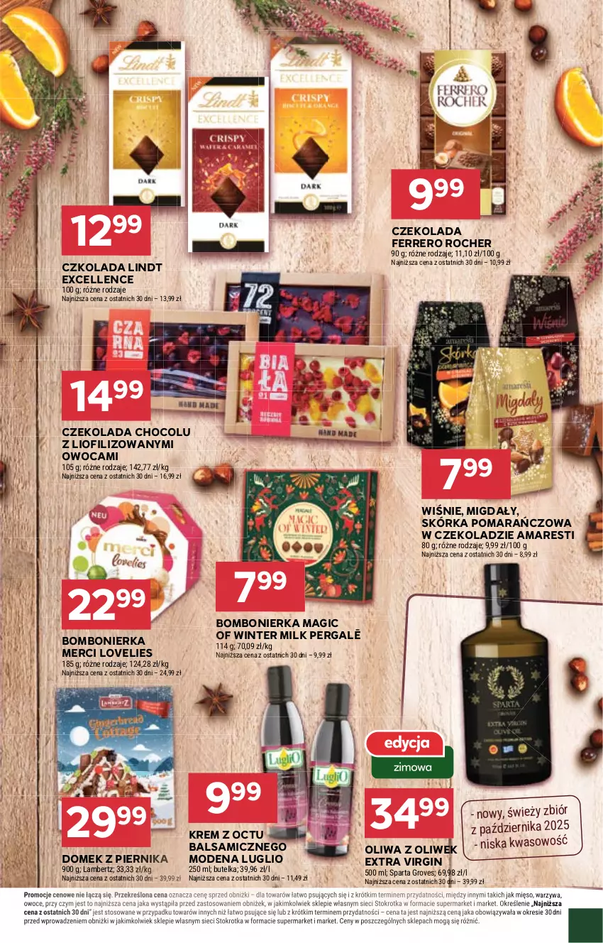 Gazetka promocyjna Stokrotka - Supermarket - ważna 04.12 do 10.12.2025 - strona 27 - produkty: Czekolada, Ferrero, Ferrero Rocher, Gin, Lindt, Merci, Mięso, Migdały, Oliwa, Oliwa z oliwek, Owoce, Piernik, Warzywa