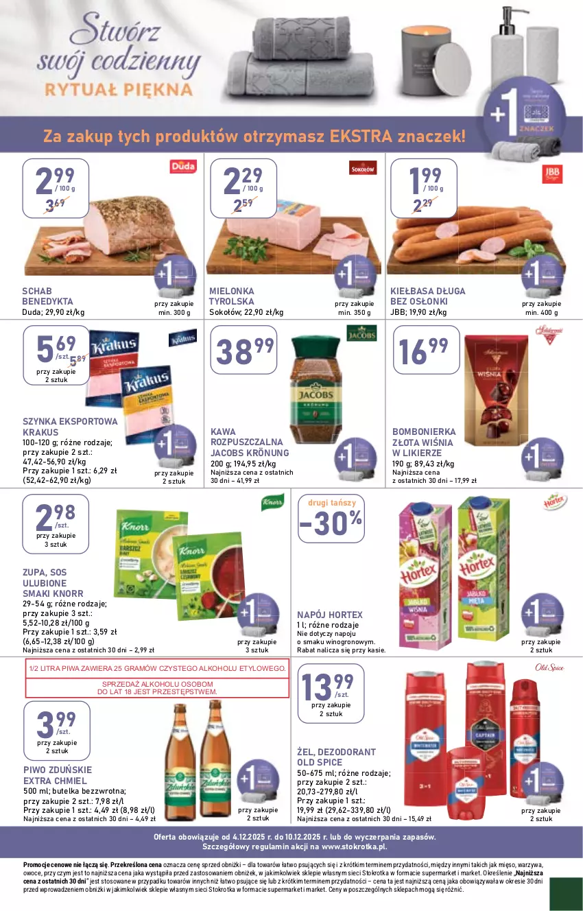 Gazetka promocyjna Stokrotka - Supermarket - ważna 04.12 do 10.12.2025 - strona 37 - produkty: Dezodorant, Duda, Gra, Hortex, Jacobs, Jacobs Krönung, Kawa, Kawa rozpuszczalna, Kiełbasa, Knorr, Krakus, Likier, Mielonka tyrolska, Mięso, Napój, Old Spice, Owoce, Piwa, Piwo, Por, Schab Benedykta, Sok, Sokołów, Sos, Sport, Szynka, Warzywa, Wino, Zupa