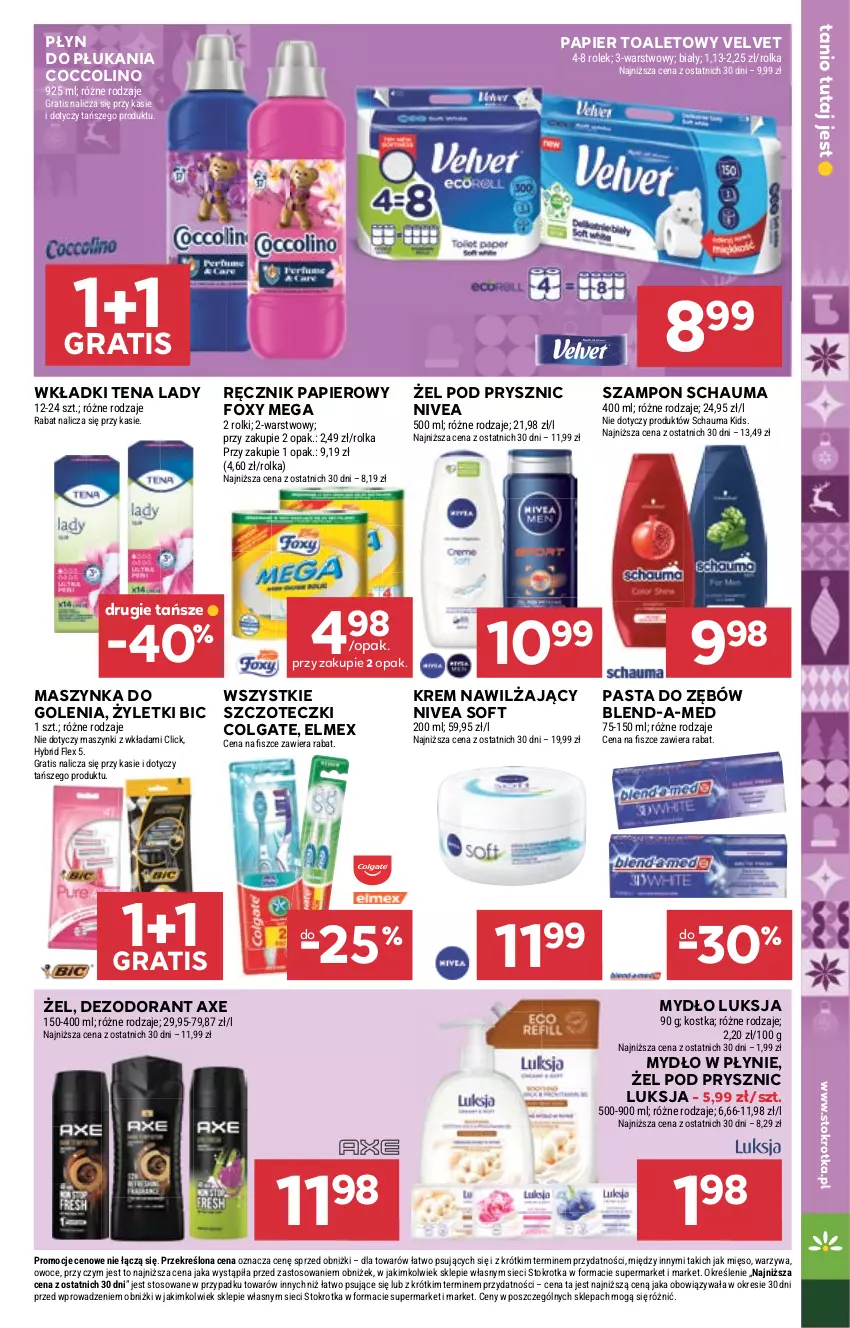 Gazetka promocyjna Stokrotka - Supermarket - ważna 04.12 do 10.12.2025 - strona 43 - produkty: BIC, Blend-a-Med, Coccolino, Colgate, Dezodorant, Elmex, Foxy, Gra, Krem nawilżający, LG, Luksja, Maszynka, Mięso, Mydło, Mydło w płynie, Nivea, Owoce, Papier, Papier toaletowy, Pasta do zębów, Płyn do płukania, Ręcznik, Rolki, Schauma, Szampon, Szynka, Velvet, Warzywa, Wkładki
