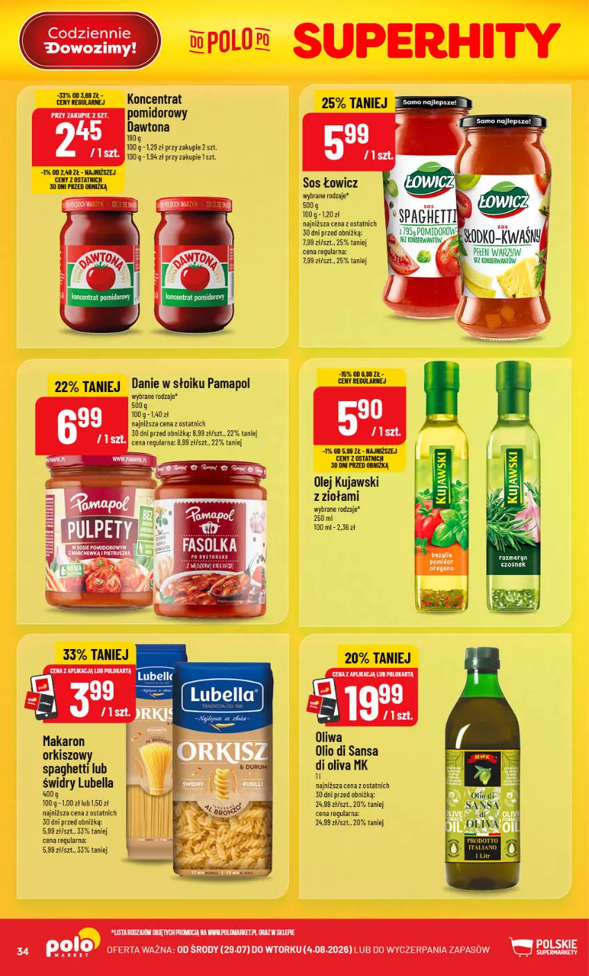 Gazetka promocyjna PoloMarket - Gazetka POLOmarket - ważna 29.07 do 04.08.2026 - strona 34 - produkty: Bell, Bella, Czosnek, Dawtona, Koncentrat pomidorowy, Kujawski, Lubella, Makaron, Olej, Oliwa, Sos, Spaghetti