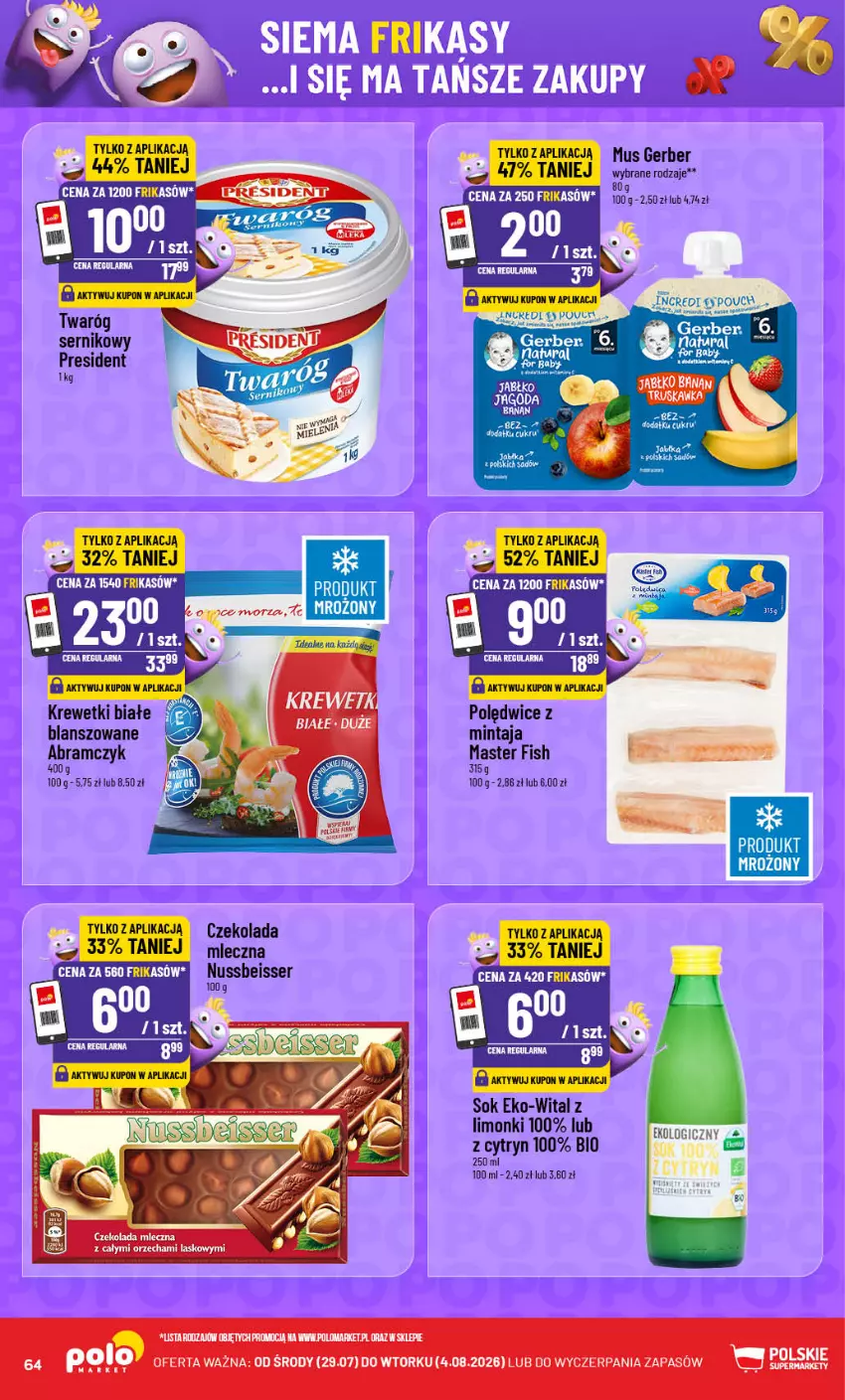 Gazetka promocyjna PoloMarket - Gazetka POLOmarket - ważna 29.07 do 04.08.2026 - strona 64 - produkty: Czekolada, Czekolada mleczna, Gerber, Jabłka, Krewetki, Mintaj, Mus, Ser, Sok, Twaróg