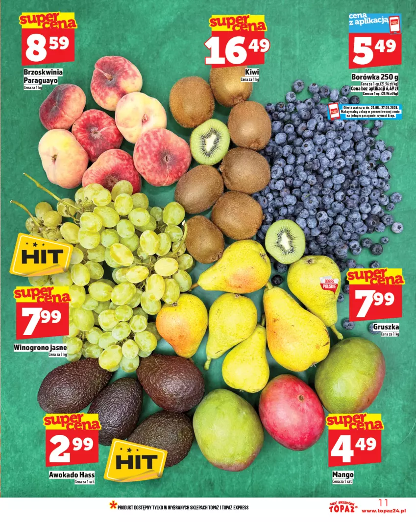 Gazetka promocyjna Topaz - Gazetka - ważna 21.08 do 27.08.2025 - strona 11 - produkty: Borówka, Fa, Kiwi, Mango, Por, Top, Wino