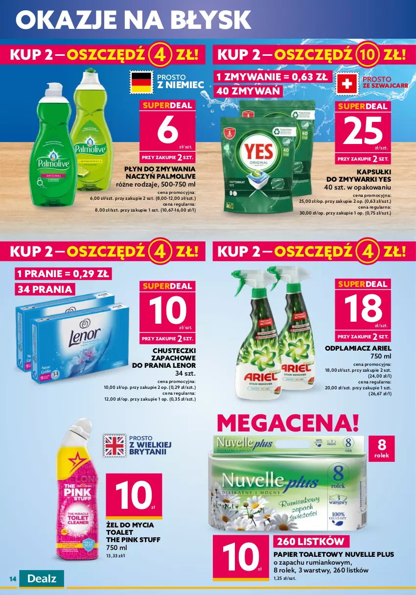 Gazetka promocyjna Dealz - DEAL DO KOSZYCZKA! - ważna 22.03 do 29.03.2023 - strona 14 - produkty: Ariel, Chusteczki, Dove, Lakier, Lakier do włosów, Lenor, Luksja, Mydło, Mydło w płynie, Odplamiacz, Odżywka, Palmolive, Papier, Papier toaletowy, Płyn do kąpieli, Rum, Szampon, Taft, Zmywarki