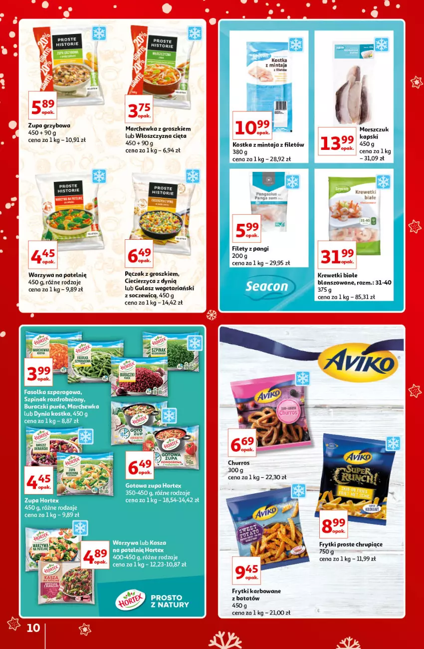 Gazetka promocyjna Auchan - Znane i lubiane Marki - ważna 02.12 do 12.12.2021 - strona 10 - produkty: Buraczki, Dynią, Fa, Frytki, Hortex, Kasza, Krewetki, Marchewka, Mintaj, Pur, Szpinak, Warzywa, Zupa