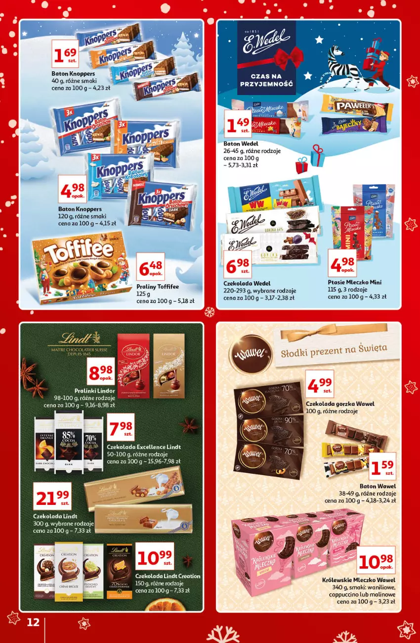 Gazetka promocyjna Auchan - Znane i lubiane Marki - ważna 02.12 do 12.12.2021 - strona 12 - produkty: Baton, Cappuccino, Czekolada, Czekolada gorzka, Knoppers, Królewski, Królewskie Mleczko, Lindt, Mleczko, Ptasie mleczko, Wawel