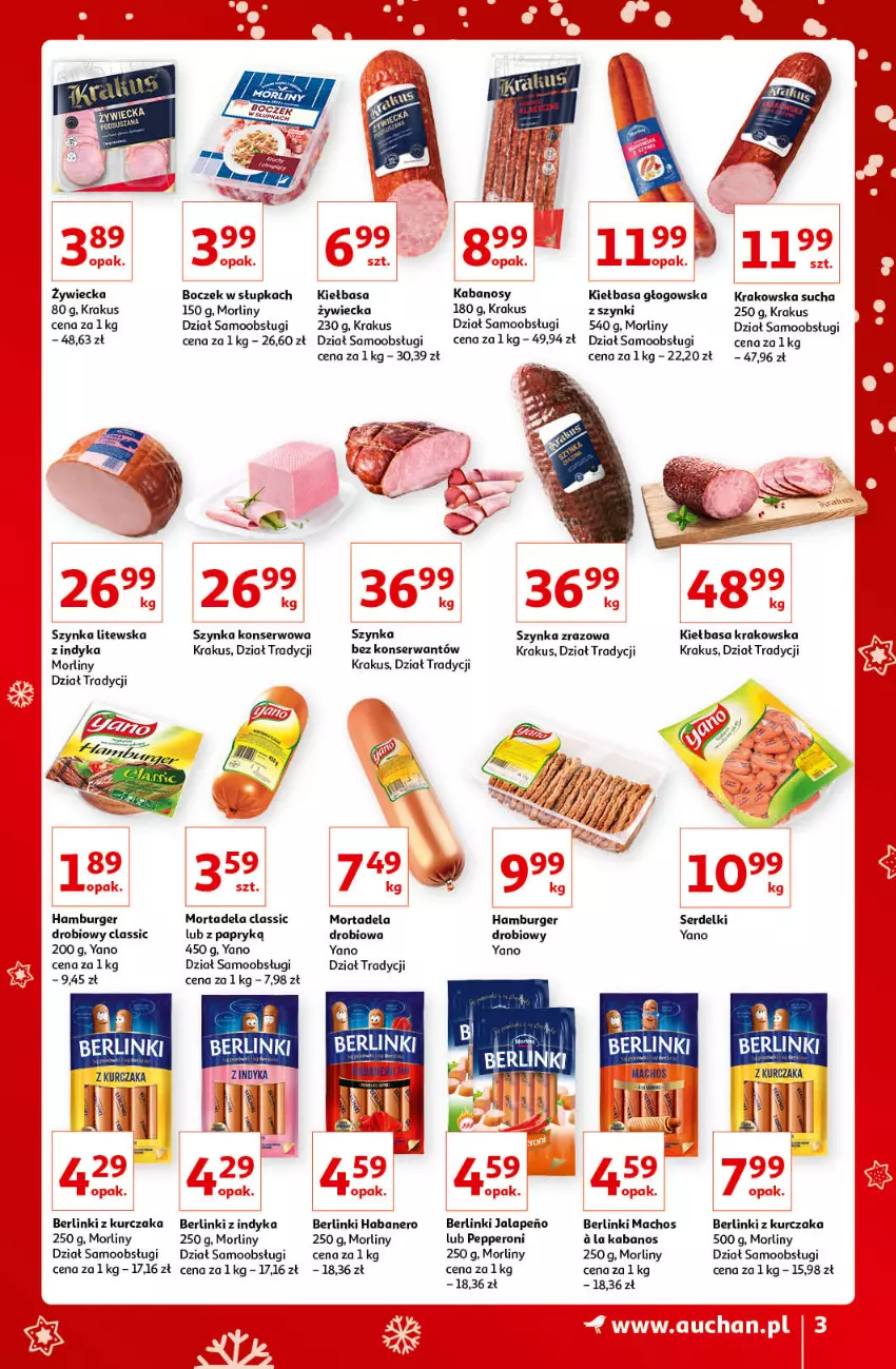 Gazetka promocyjna Auchan - Znane i lubiane Marki - ważna 02.12 do 12.12.2021 - strona 3 - produkty: Berlinki, Boczek, Burger, Hamburger, Kabanos, Kiełbasa, Kiełbasa głogowska, Krakus, Kurczak, Morliny, Ser, Serdelki, Szynka, Szynka konserwowa