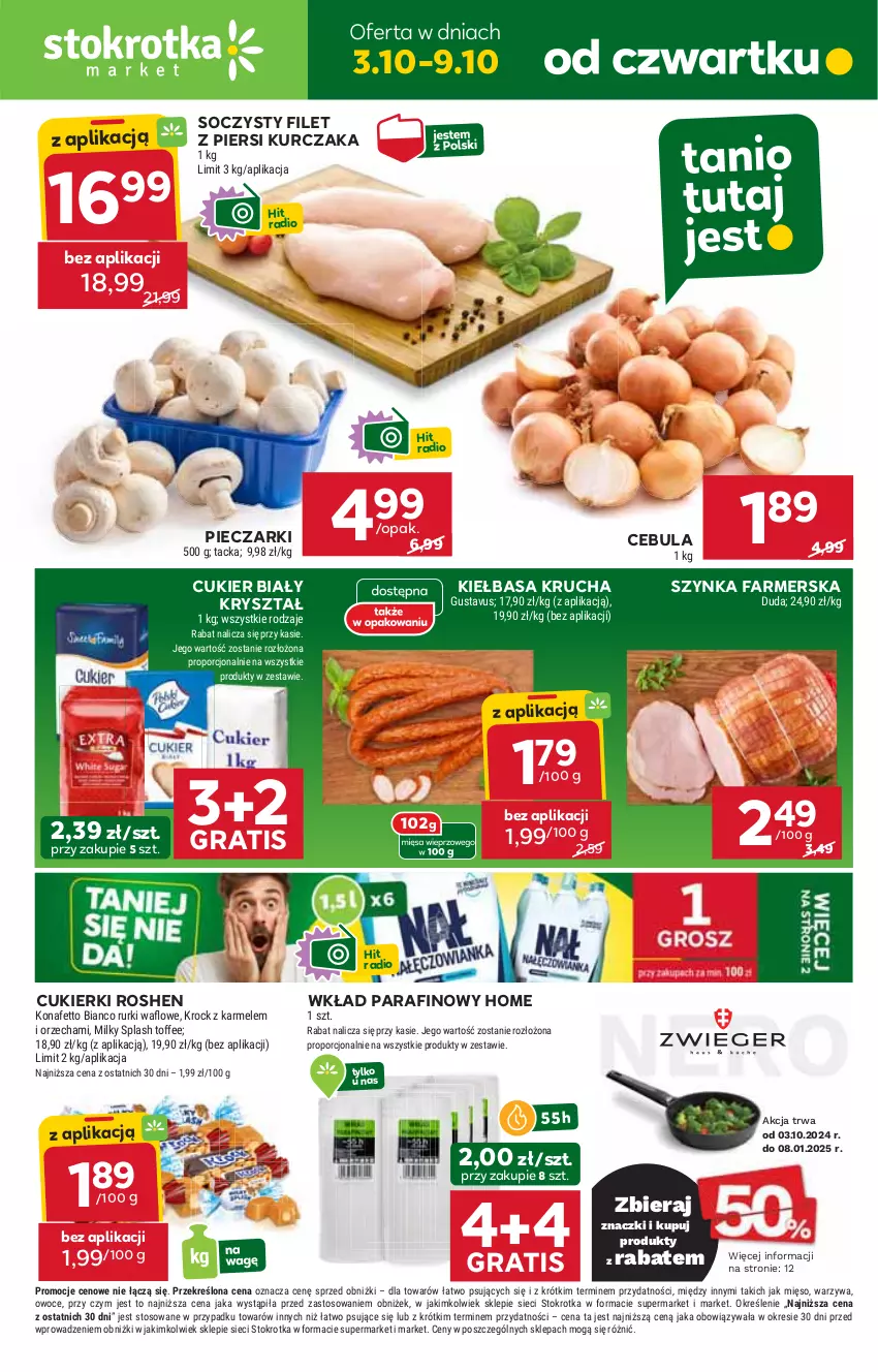 Gazetka promocyjna Stokrotka - Market - ważna 03.10 do 09.10.2024 - strona 1 - produkty: Cebula, Cukier, Cukierki, Fa, Filet z piersi kurczaka, Gra, HP, Kiełbasa, Kiełbasa krucha, Kurczak, Piec, Szynka, Szynka farmerska