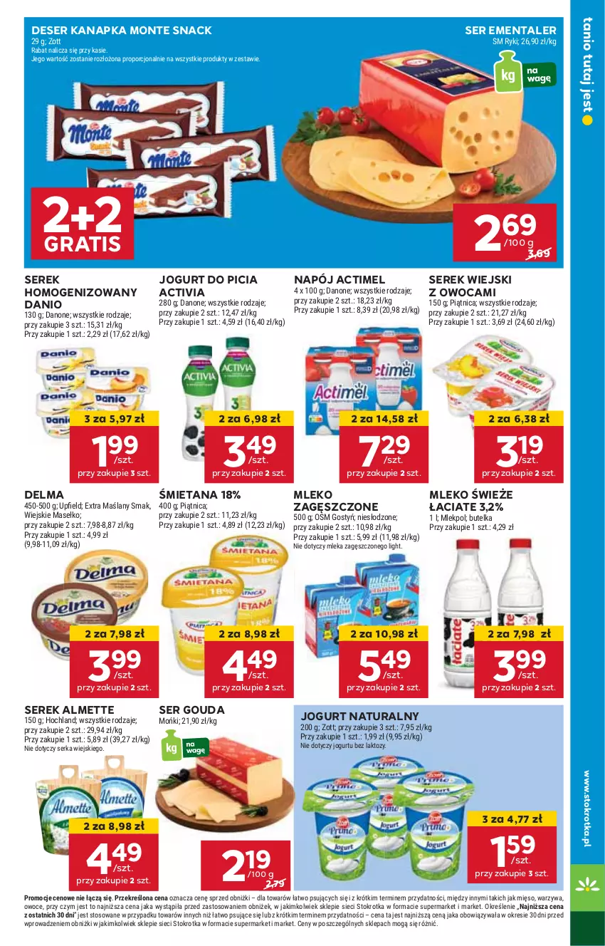 Gazetka promocyjna Stokrotka - Market - ważna 03.10 do 09.10.2024 - strona 11 - produkty: Actimel, Activia, Almette, Danio, Delma, Deser, Ementaler, Gouda, Gra, HP, Jogurt, Jogurt naturalny, Mleko, Mleko zagęszczone, Monte, Napój, Ser, Serek, Serek homogenizowany, Serek wiejski, Zott