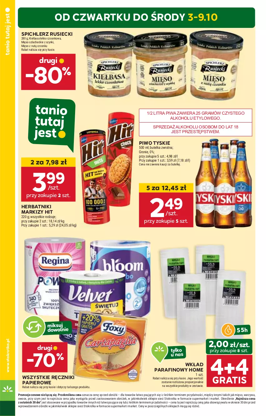 Gazetka promocyjna Stokrotka - Market - ważna 03.10 do 09.10.2024 - strona 4 - produkty: Gra, Herbatniki, HP, Papier, Piwa, Piwo, Ręcznik, Ręczniki papierowe, Spichlerz Rusiecki, Tyskie