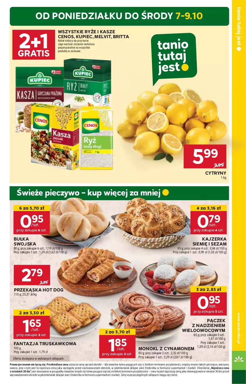 Gazetka promocyjna Stokrotka - Market - ważna 03.10 do 09.10.2024 - strona 5 - produkty: Brit, Bułka, Cenos, Cytryny, Fa, Fanta, Gra, Hot dog, HP, Kajzerka, Kupiec, Melvit, Pączek, Piec, Pieczywo, Ryż, Sezam