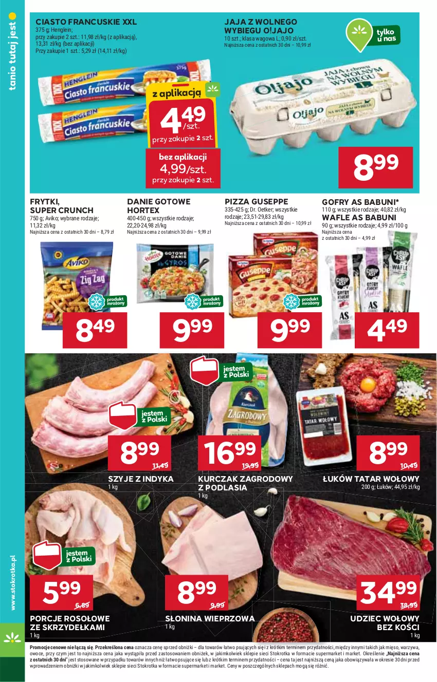 Gazetka promocyjna Stokrotka - Market - ważna 03.10 do 09.10.2024 - strona 8 - produkty: Babuni, Ciasto francuskie, Danie gotowe, Frytki, Gofry, Hortex, HP, Jaja, Jaja z wolnego wybiegu, Kurczak, Pizza, Por, Tatar wołowy, Udziec wołowy, Wafle