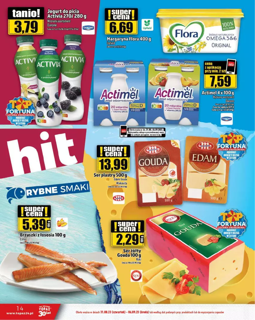 Gazetka promocyjna Topaz - Gazetka - ważna 31.08 do 06.09.2023 - strona 14 - produkty: Edam, Flora, Gin, Gouda, Margaryna, Mleko, Mlekovita, Ser, Sos, Vita C