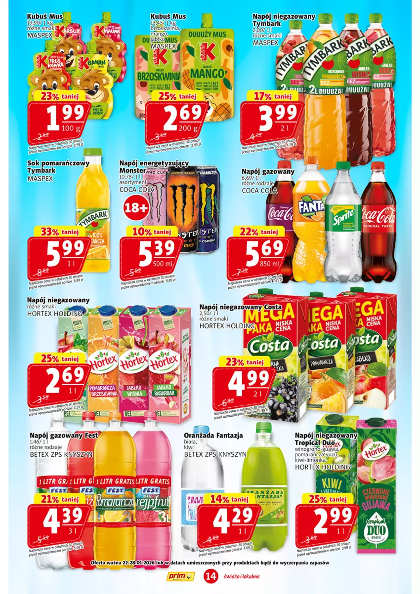 Gazetka promocyjna Prim Market - ważna 22.01 do 28.01.2026 - strona 14 - produkty: Fa, Fanta, Hortex, Kiwi, Limonka, Napój, Napój gazowany, Napój niegazowany, Oranżada, Tropical, Tymbark, Wino
