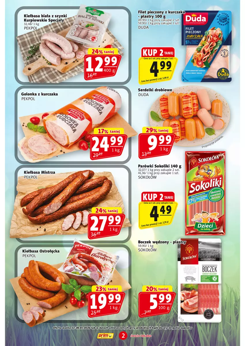 Gazetka promocyjna Prim Market - ważna 22.01 do 28.01.2026 - strona 2 - produkty: Boczek, Duda, Kiełbasa, Kurczak, Parówki, Parówki sokoliki, Pekpol, Ser, Serdelki, Sok, Sokołów