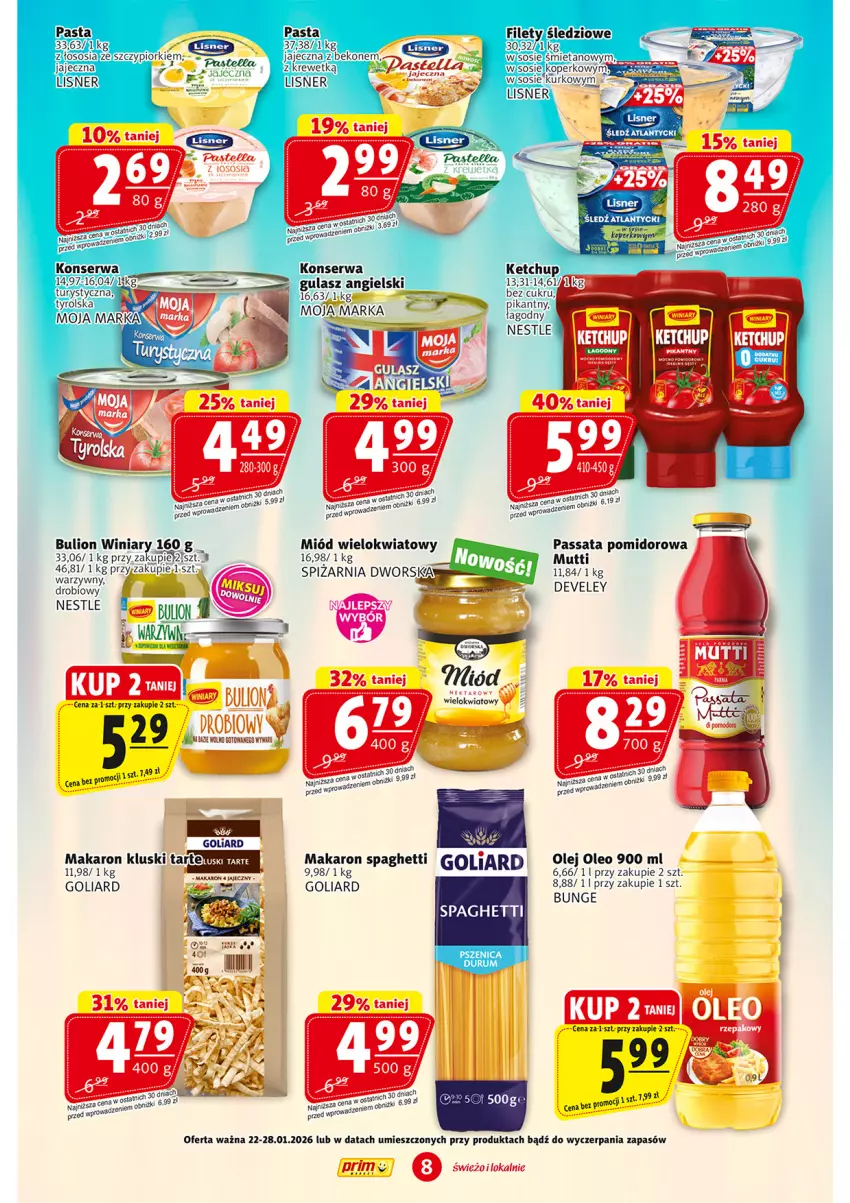 Gazetka promocyjna Prim Market - ważna 22.01 do 28.01.2026 - strona 8 - produkty: Bulion, Goliard, Ketchup, Lion, Makaron, Miód, Olej, Oleo, Ser, Sos, Spaghetti