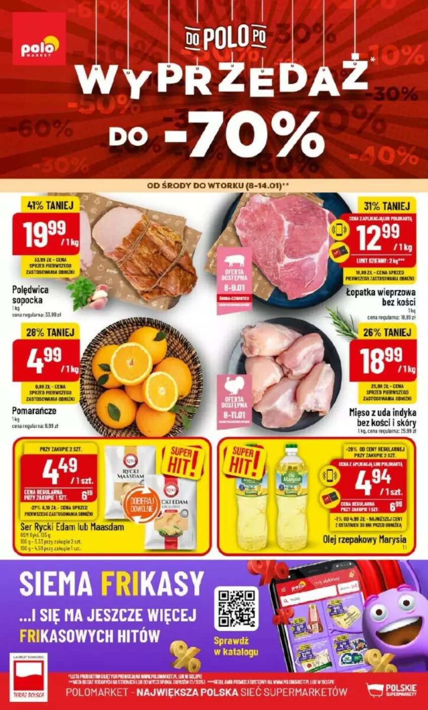 Gazetka promocyjna PoloMarket - ważna 08.01 do 14.01.2025 - strona 1 - produkty: Edam, Gala, Maasdam, Mięso, Olej, Olej rzepakowy, Pomarańcze, Rycki Edam, Ser, Tera