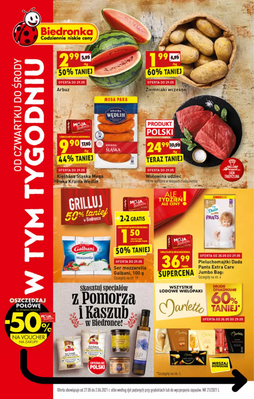 Gazetka promocyjna Biedronka - W tym tygodniu - ważna 27.05 do 02.06.2021 - strona 1 - produkty: Arbuz, Dada, Kiełbasa, Kiełbasa śląska, Kosz, Majtki, Mozzarella, Pieluchomajtki, Ser