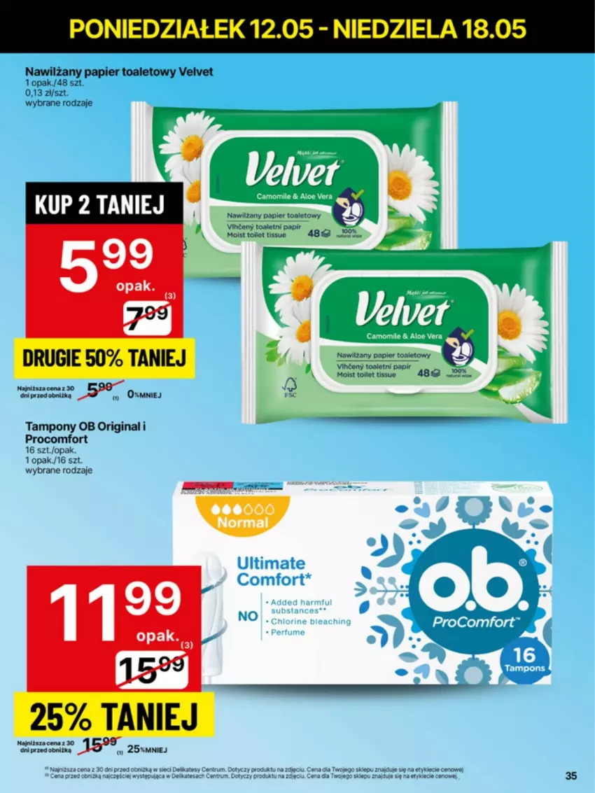 Gazetka promocyjna Delikatesy Centrum - Franczyza DC20 Poniedziałek - ważna 12.05 do 18.05.2025 - strona 35 - produkty: Gin, Nawilżany papier, Papier, Papier toaletowy, Tampony, Velvet