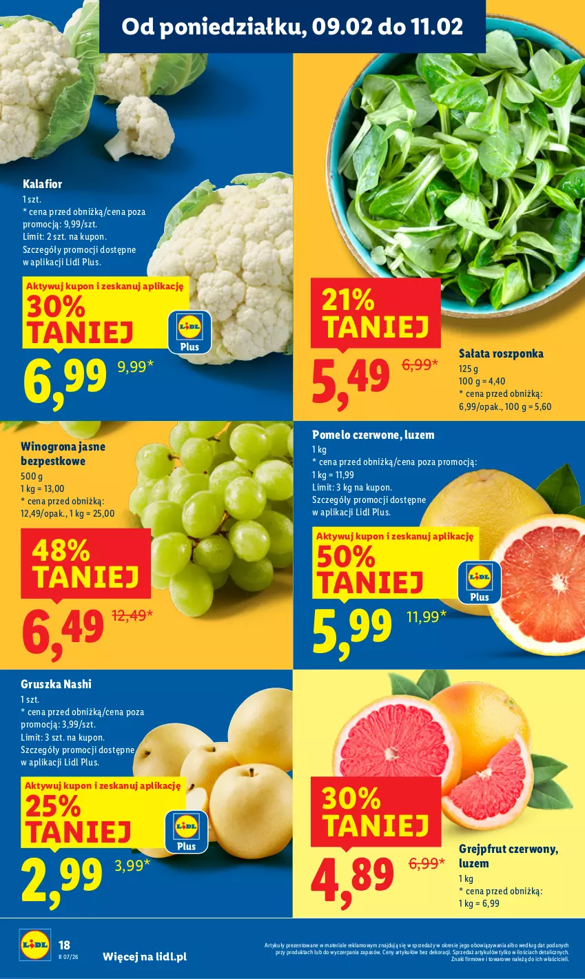 Gazetka promocyjna Lidl - GAZETKA - ważna 09.02 do 11.02.2026 - strona 18 - produkty: Grejpfrut, Kalafior, Pomelo, Roszponka, Sałat, Wino, Winogrona