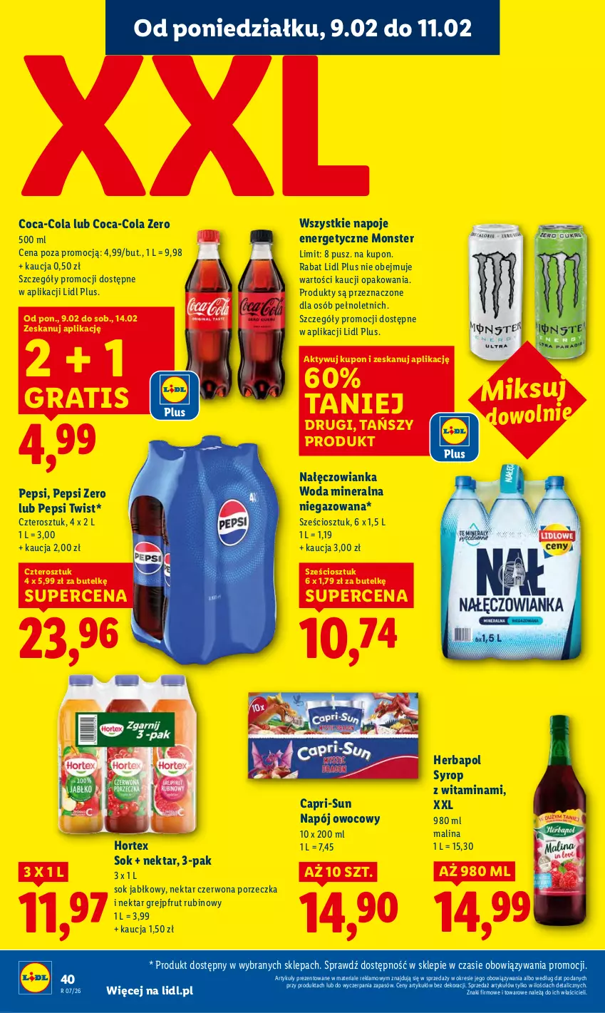 Gazetka promocyjna Lidl - GAZETKA - ważna 09.02 do 11.02.2026 - strona 40 - produkty: Coca-Cola, Gra, Grejpfrut, Herbapol, Hortex, Nałęczowianka, Napój, Napoje, Nektar, Pepsi, Por, Rubin, Sok, Sok jabłkowy, Syrop, Woda, Woda mineralna