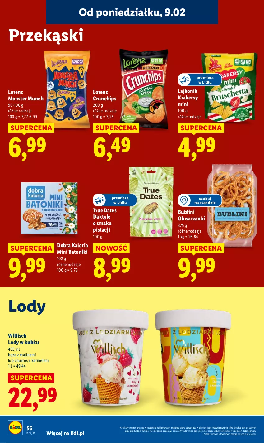 Gazetka promocyjna Lidl - GAZETKA - ważna 09.02 do 11.02.2026 - strona 56 - produkty: Baton, Crunchips, Daktyle, Krakersy, Lajkonik, Lody, Lorenz, Monster Munch, Tonik