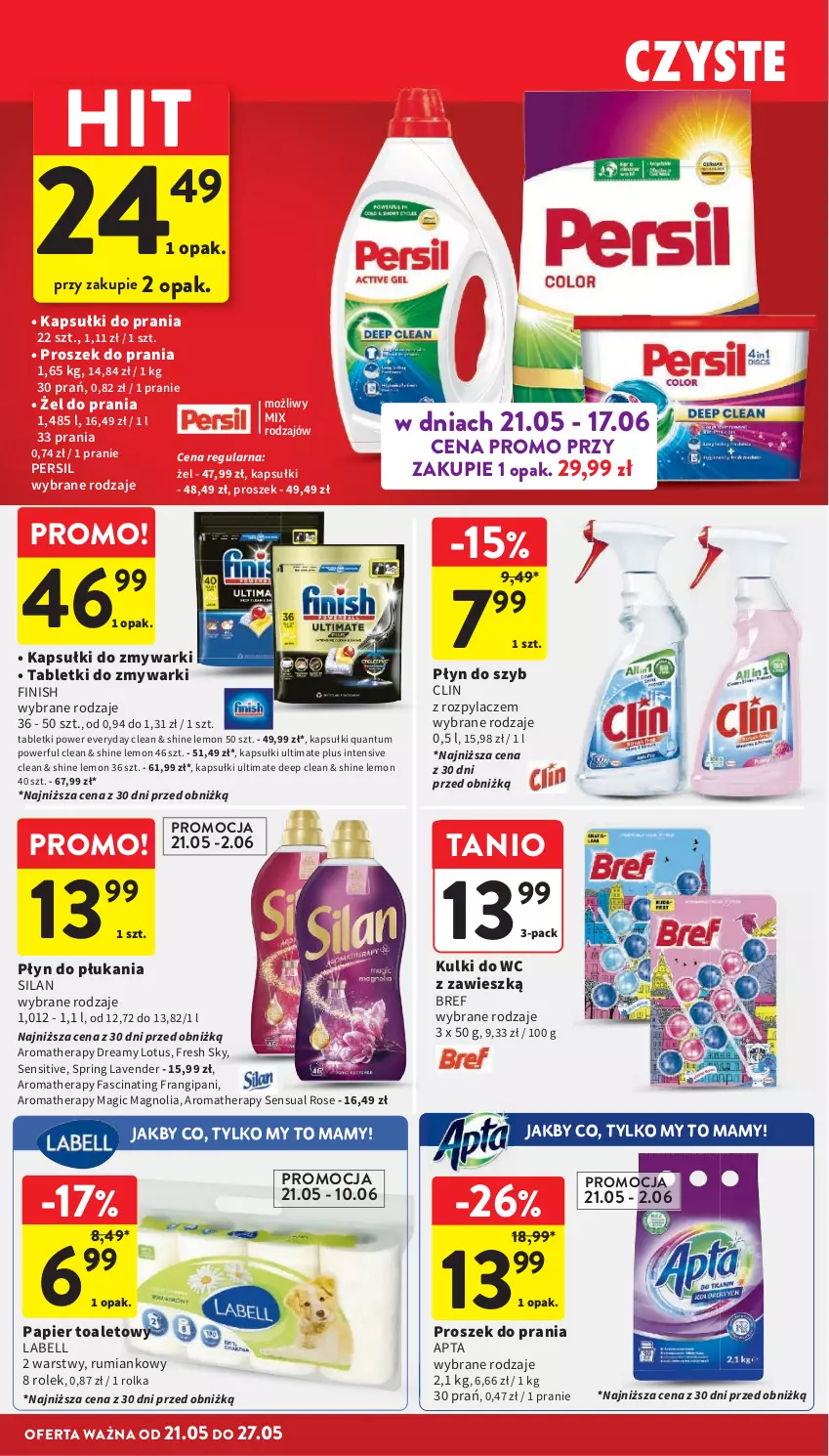Gazetka promocyjna Intermarche - Gazetka promocyjna - ważna 21.05 do 27.05.2026 - strona 38 - produkty: Bell, Bref, Clin, Fa, Finish, Kapsułki do prania, Kulki do wc, Papier, Papier toaletowy, Persil, Płyn do płukania, Płyn do szyb, Proszek do prania, Rum, Sensual, Silan, Tablet, Tabletki do zmywarki, Zmywarki