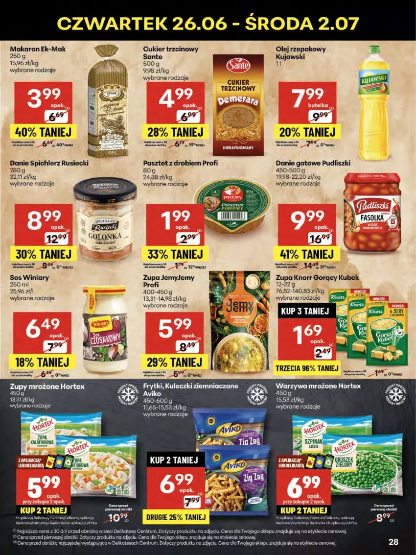 Gazetka promocyjna Delikatesy Centrum - Franczyza DC26 Czwartek - ważna 26.06 do 02.07.2025 - strona 28 - produkty: Cukier, Cukier trzcinowy, Danie gotowe, Fa, Frytki, Hortex, Knorr, Kubek, Kujawski, Makaron, Olej, Olej rzepakowy, Orka, Pasztet, Pudliszki, Róża, Rum, Sante, Ser, Sos, Spichlerz Rusiecki, Warzywa, Winiary, Zupa