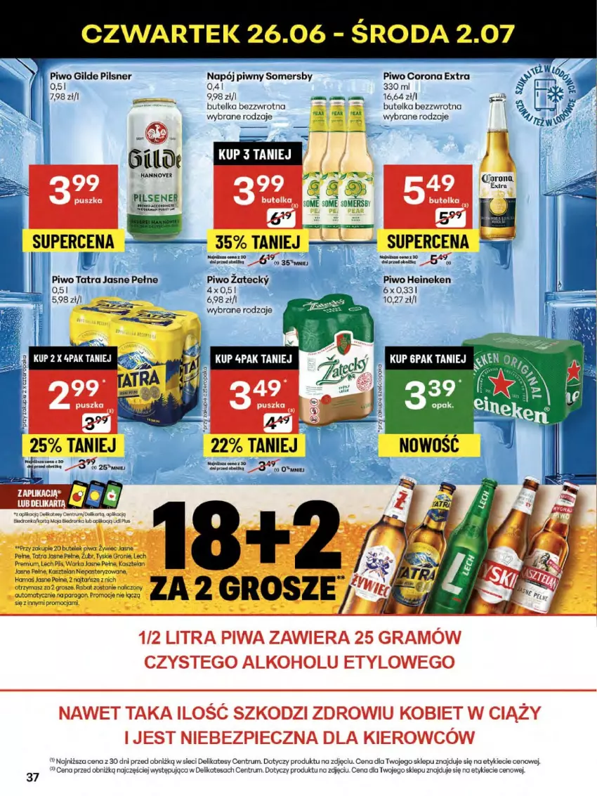 Gazetka promocyjna Delikatesy Centrum - Franczyza DC26 Czwartek - ważna 26.06 do 02.07.2025 - strona 37 - produkty: Corona Extra, Gra, Heineken, Kasztelan, Koc, Lech Premium, Napój, Piec, Piwa, Piwo, Rum, Somersby, Tatra, Tyskie, Warka