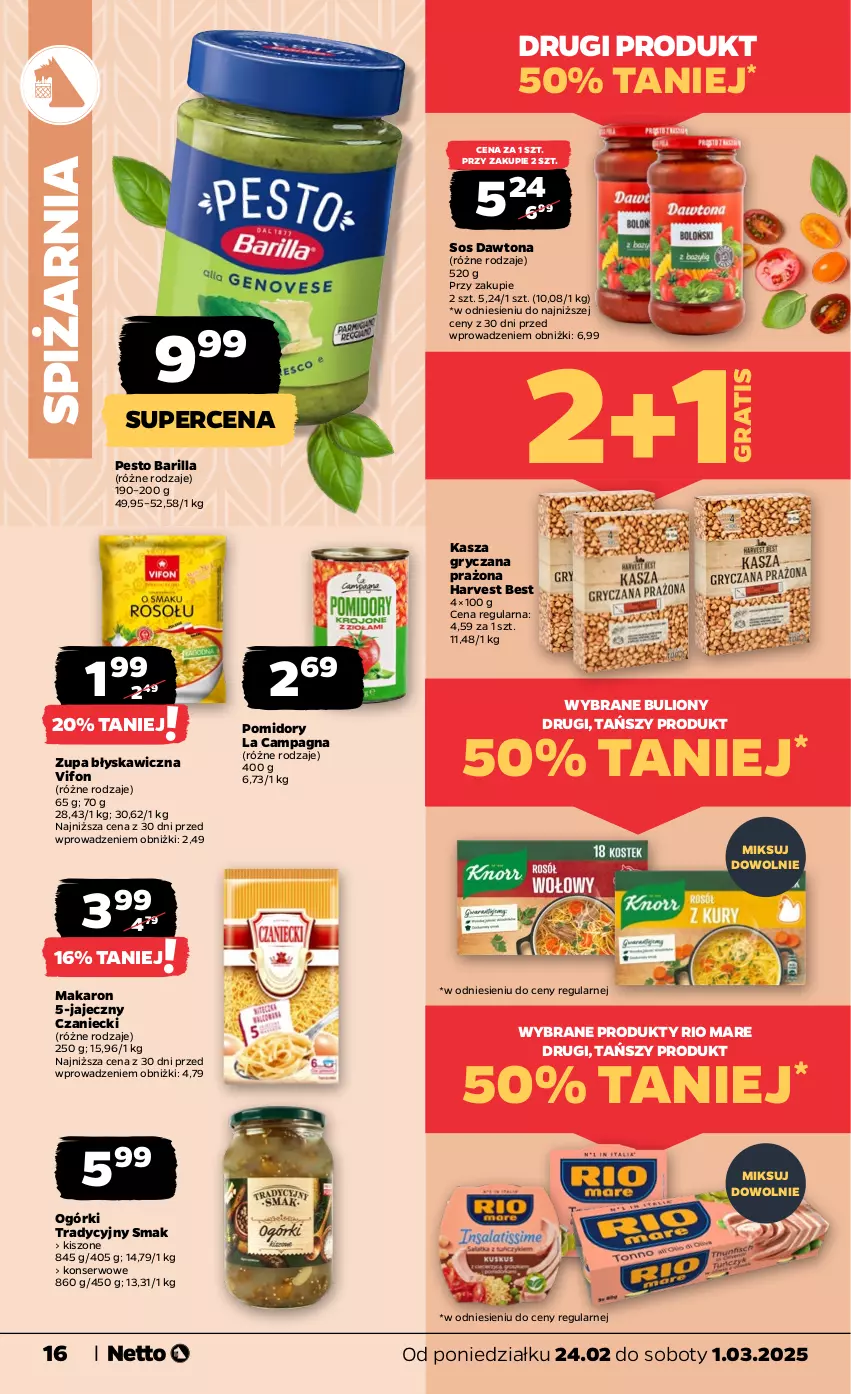 Gazetka promocyjna Netto - Od Poniedziałku - ważna 24.02 do 01.03.2025 - strona 16 - produkty: Barilla, Bulion, Dawtona, Gra, Gry, Kasza, Kasza gryczana, Knorr, Lion, Makaron, Pesto, Pomidory, Rio Mare, Ser, Sos, Zupa