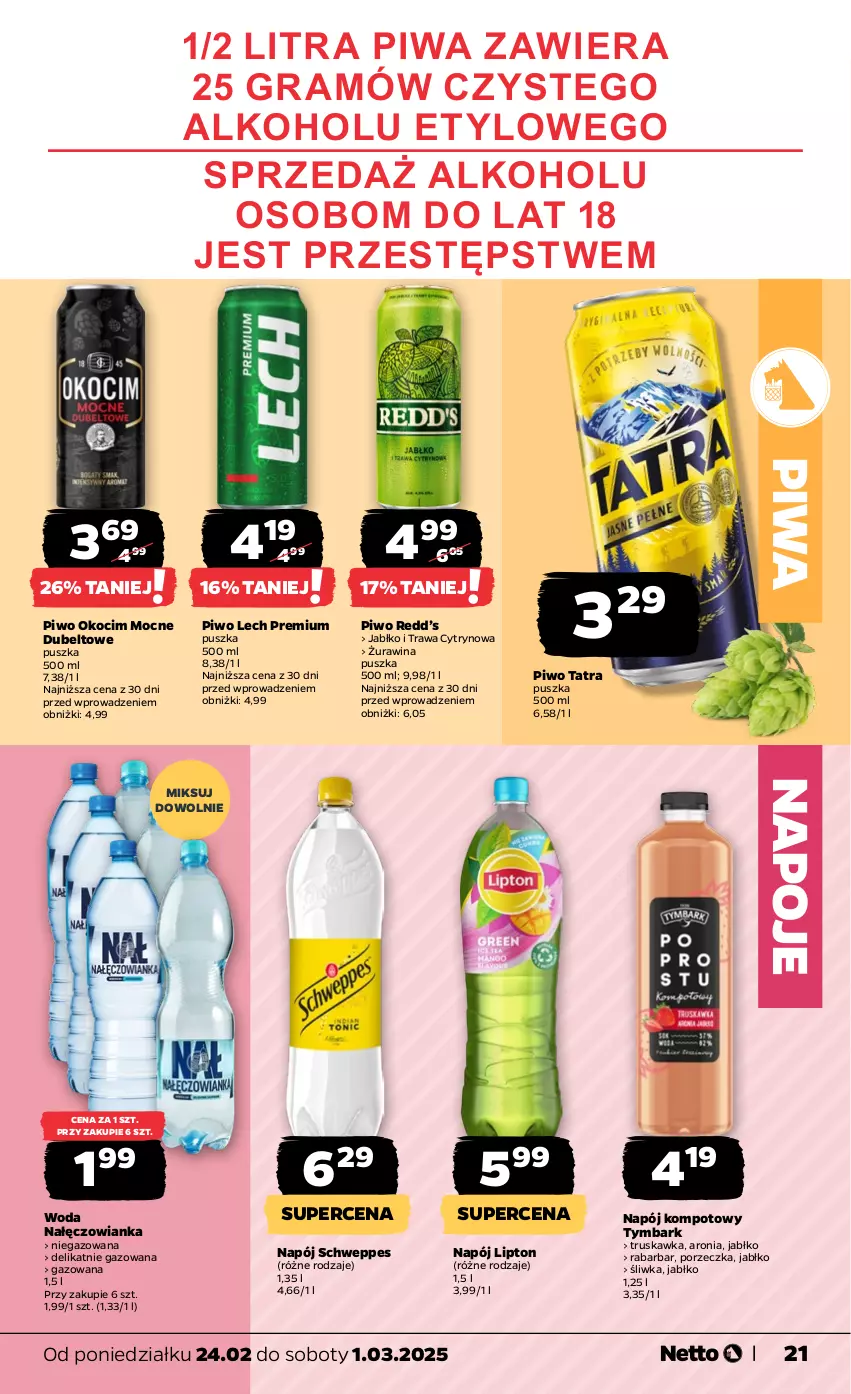 Gazetka promocyjna Netto - Od Poniedziałku - ważna 24.02 do 01.03.2025 - strona 21 - produkty: Aronia, Gra, Koc, Lech Premium, Lipton, Nałęczowianka, Napój, Napoje, Okocim, Piwa, Piwo, Por, Schweppes, Tatra, Tymbark, Woda