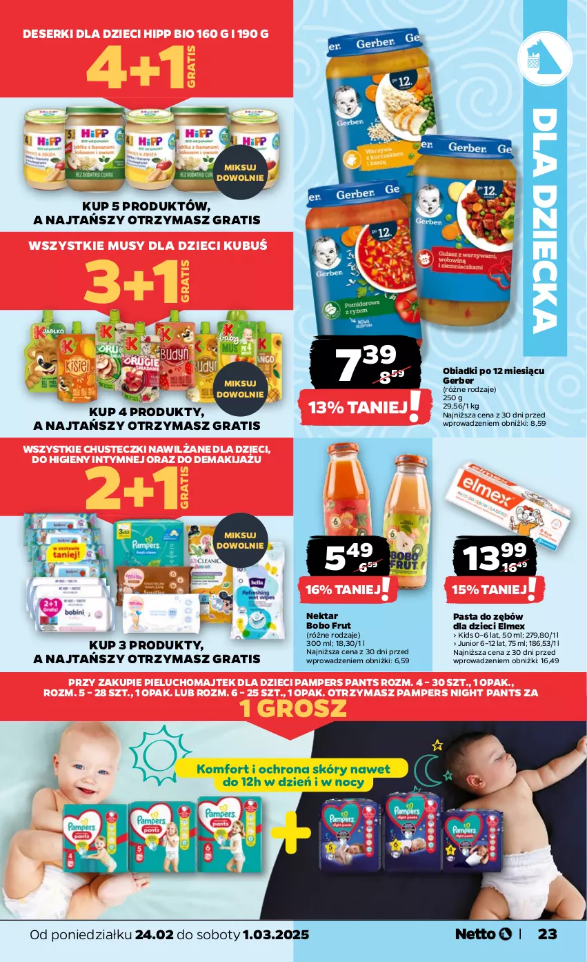 Gazetka promocyjna Netto - Od Poniedziałku - ważna 24.02 do 01.03.2025 - strona 23 - produkty: Chusteczki, Deser, Dzieci, Elmex, Gerber, Gra, HiPP, Hipp Bio, Kubuś, Makijaż, Mus, Nektar, Pampers, Pasta do zębów, Ser