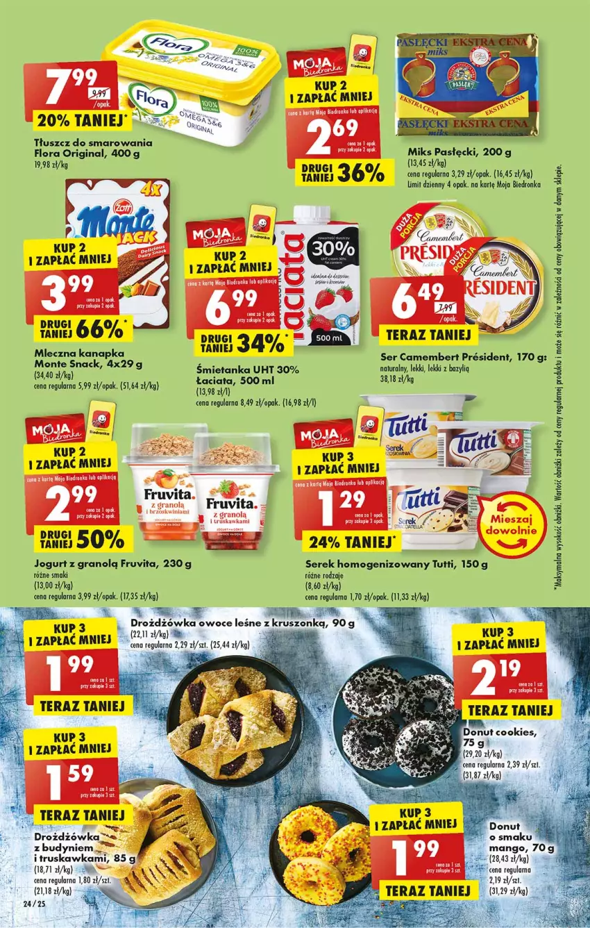 Gazetka promocyjna Biedronka - Mikołaj - ważna 05.12 do 11.12.2022 - strona 24 - produkty: Bazyl, Camembert, Donut, Flora, Gin, Gra, Jogurt, Mango, Mleczna kanapka, Monte, Owoce, Ser, Serek, Sok, Tera