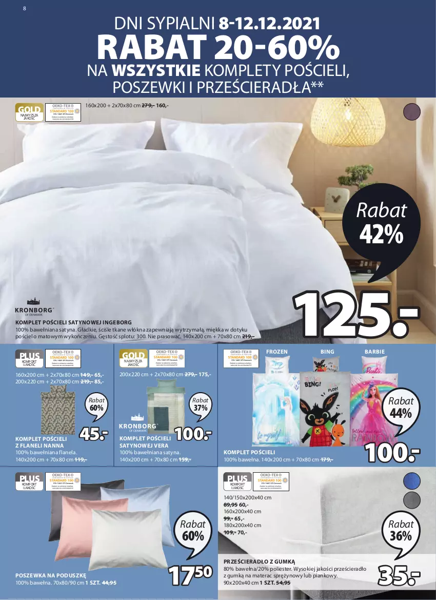 Gazetka promocyjna Jysk - Oferta tygodnia - ważna 08.12 do 23.12.2021 - strona 9 - produkty: Barbie, Frozen, Komplet pościeli, Materac, Materac sprężynowy, Pościel, Poszewka, Prześcieradło, Sok, Tera, Wełna