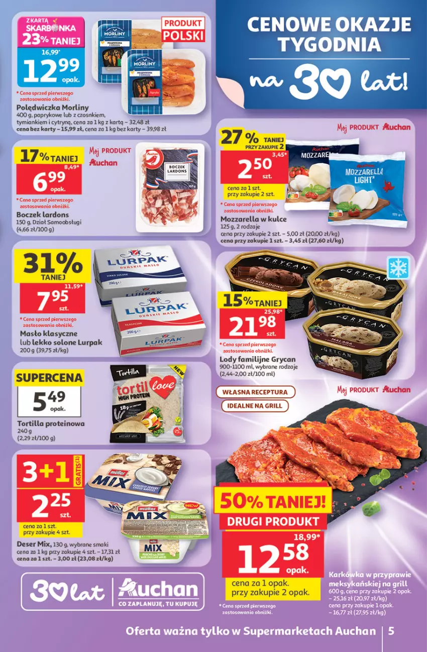 Gazetka promocyjna Auchan - 30 Lat Supermarket - ważna 14.05 do 20.05.2026 - strona 5 - produkty: Boczek, Deser, Fa, Gry, Lody, Lurpak, Masło, Morliny, Mozzarella, Ser, Tortilla