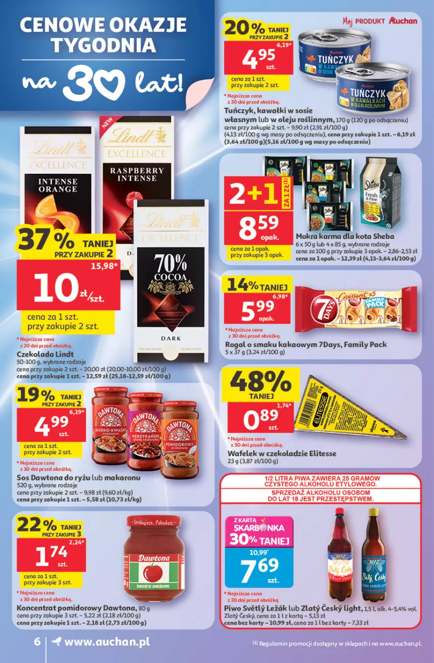 Gazetka promocyjna Auchan - 30 Lat Supermarket - ważna 14.05 do 20.05.2026 - strona 6 - produkty: Dawtona, Fa, Kakao, Kawa, Koncentrat pomidorowy, Makaron, Mokra karma, Olej, Piwo, Rogal, Ryż, Sheba, Sos, Tuńczyk, Wafelek
