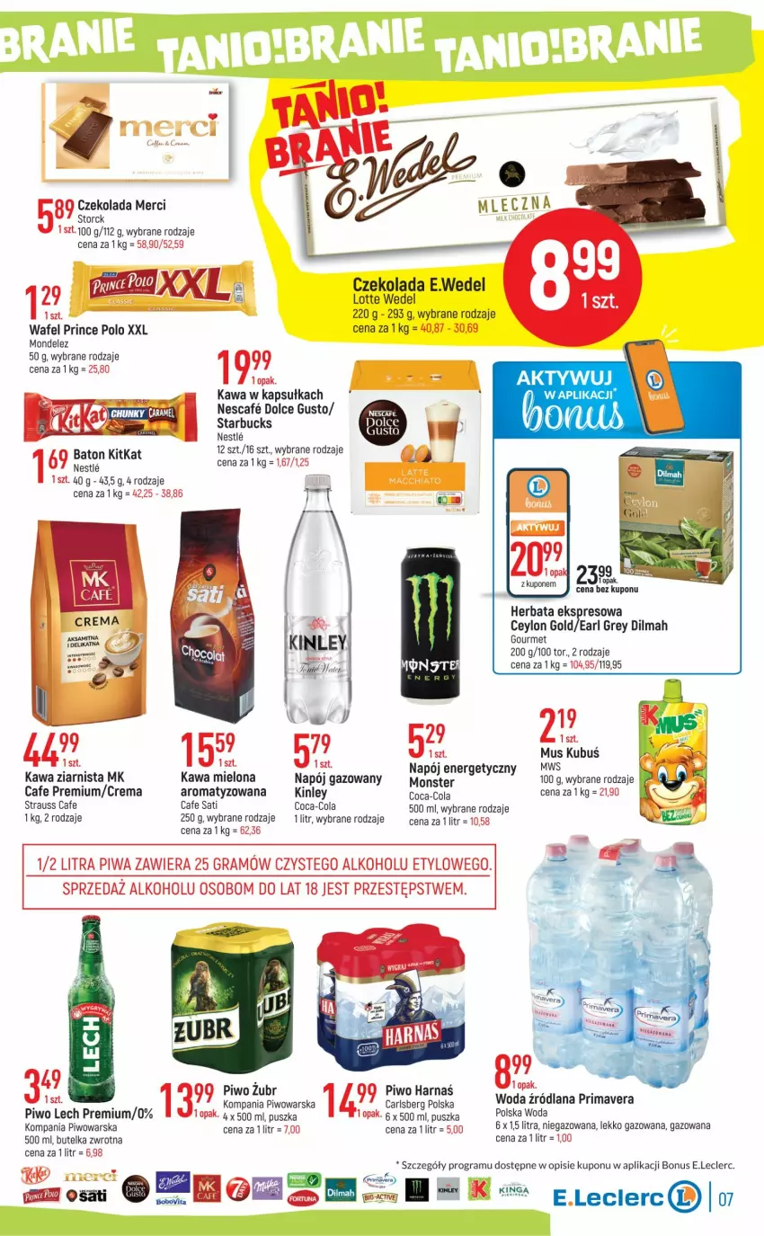 Gazetka promocyjna E Leclerc - ważna 14.03 do 25.03.2023 - strona 7 - produkty: Baton, Carlsberg, Coca-Cola, Czekolada, Dilmah, Dolce Gusto, Earl Grey, Gra, Harnaś, Herbata, Kawa, Kawa mielona, Kawa ziarnista, Kubuś, LANA, Lech Premium, Merci, Mus, Napój, Napój energetyczny, Napój gazowany, Piwa, Piwo, Prima, Primavera, Prince Polo, Sati, Woda