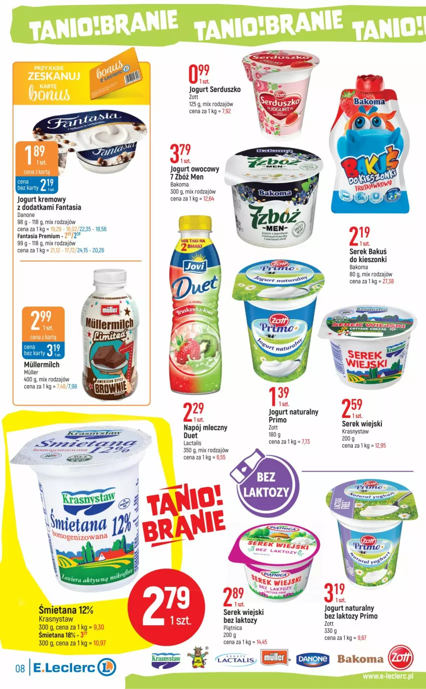 Gazetka promocyjna E Leclerc - ważna 14.03 do 25.03.2023 - strona 8 - produkty: Bakoma, Danone, Fa, Fanta, Jogurt, Jogurt naturalny, Jogurt owocowy, Napój, Napój mleczny, Piątnica, Ser, Serek, Serek wiejski, Sos, Zott