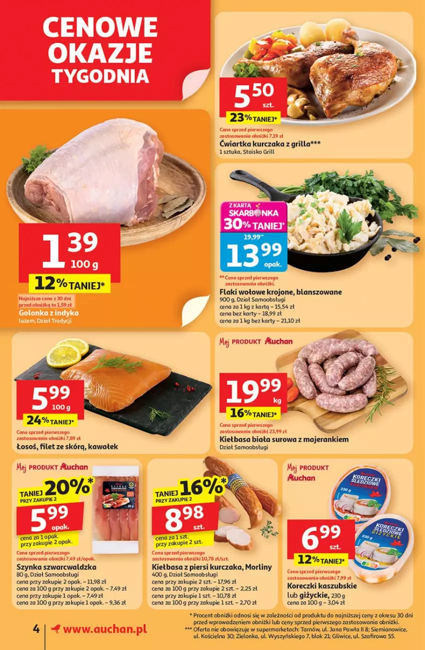 Gazetka promocyjna Auchan - Pewność niskich cen Supermarket - ważna 30.10 do 05.11.2025 - strona 4 - produkty: Flaki, Flaki wołowe, Grill, Kawa, Kiełbasa, Kiełbasa biała, Koreczki kaszubskie, Kurczak, Morliny, Szynka, Wałek