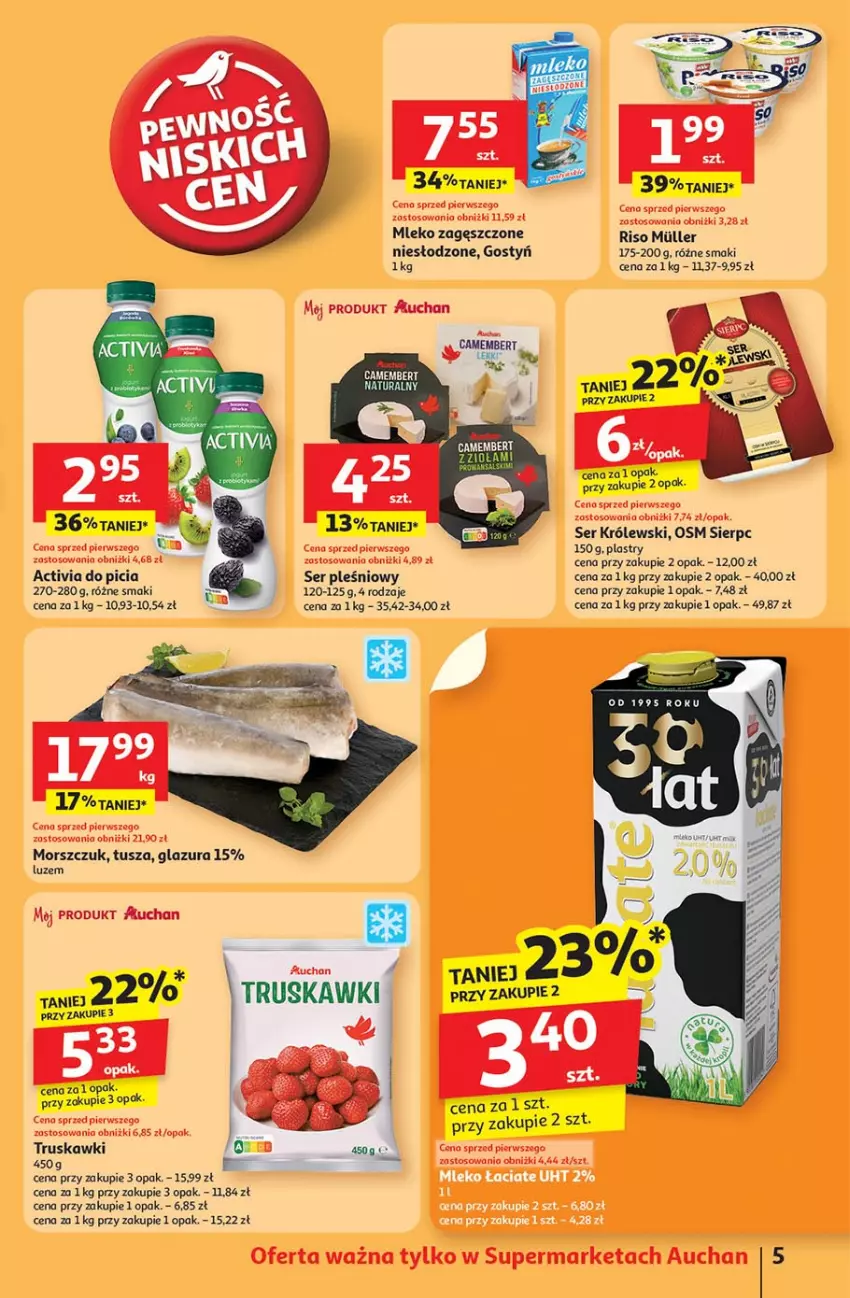 Gazetka promocyjna Auchan - Pewność niskich cen Supermarket - ważna 30.10 do 05.11.2025 - strona 5 - produkty: Activia, Camembert, Glazura, Kiwi, Królewski, Lazur, LG, Mleko, Mleko zagęszczone, Ser, Ser pleśniowy, Truskawki, Tusz