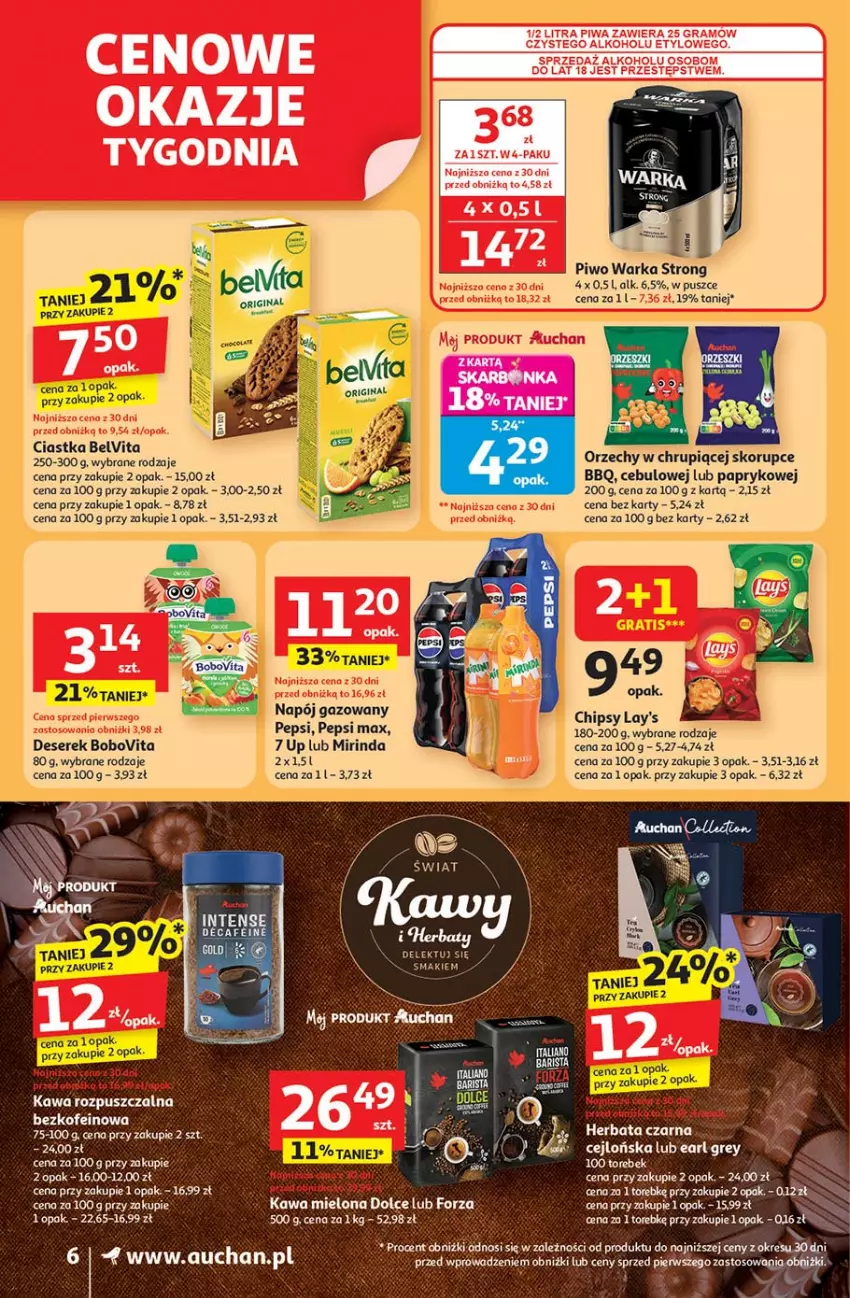 Gazetka promocyjna Auchan - Pewność niskich cen Supermarket - ważna 30.10 do 05.11.2025 - strona 6 - produkty: BelVita, BoboVita, Chipsy, Ciastka, Deser, Earl Grey, Gra, Kawa, Kawa mielona, Kawa rozpuszczalna, Mirinda, Napój, Napój gazowany, Pepsi, Pepsi max, Piwa, Piwo, Ser, Serek, Warka