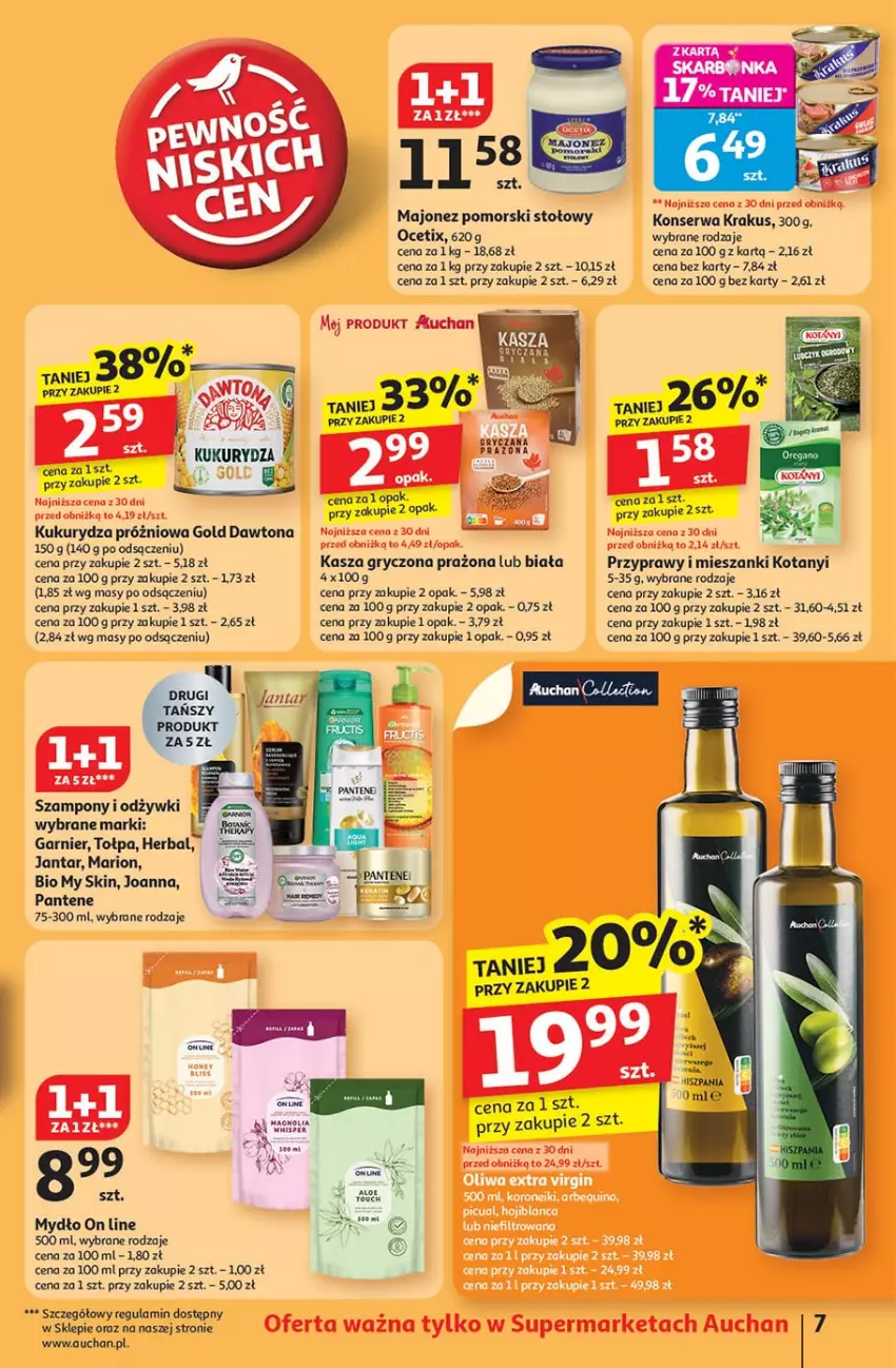 Gazetka promocyjna Auchan - Pewność niskich cen Supermarket - ważna 30.10 do 05.11.2025 - strona 7 - produkty: Dawtona, Garnier, Gry, Joanna, Kasza, Krakus, Kukurydza, Majonez, Mydło, Ocet, Pantene, Przyprawy, Ser, Szampon, Tołpa