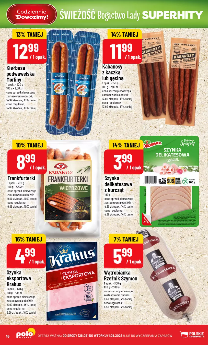 Gazetka promocyjna PoloMarket - Gazetka POLOmarket - ważna 26.08 do 01.09.2026 - strona 18 - produkty: Bianka, Frankfurterki, Kabanos, Kiełbasa, Krakus, Morliny, Por, Sport, Szynka, Wawel